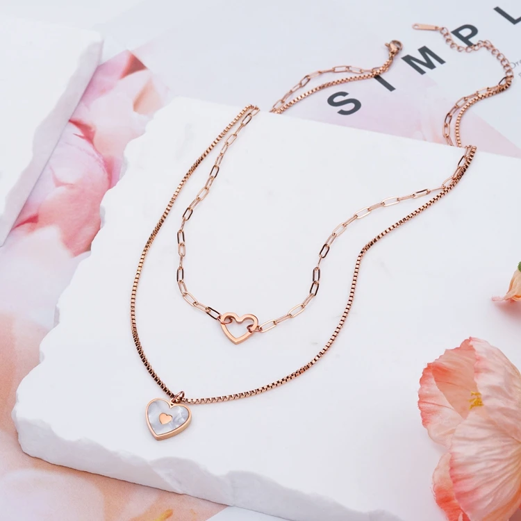 18K Rose Gold Plated Double Layer Heart Necklace Stainless Steel Hollow Heart Pendant Necklace Pearl Heart Necklace For Women