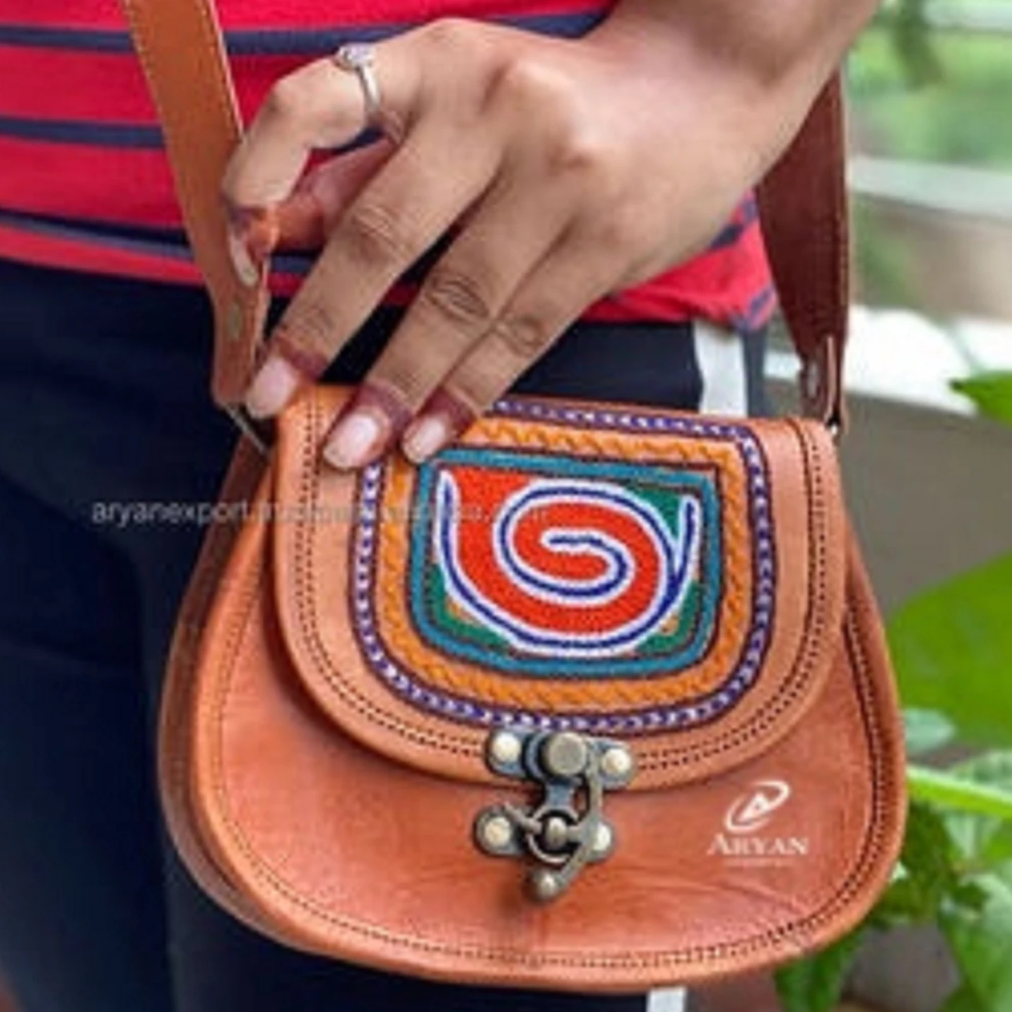 Real Handmade Goat Leather Rajasthani Embroidery 5*7 Inch Cross Body Sling Bag Women Vintage Traditional MultiColor Kashida Bag