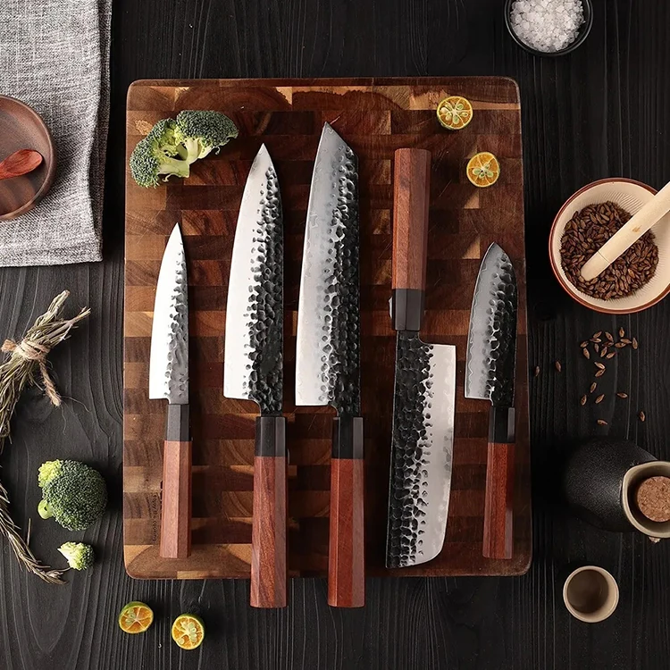 5 pcs Forged Chef Knife Set with Octagonal Wood Handle 5cr15 Stainless Steel Kiritsuke Santoku Nakiri Kitchen Knives