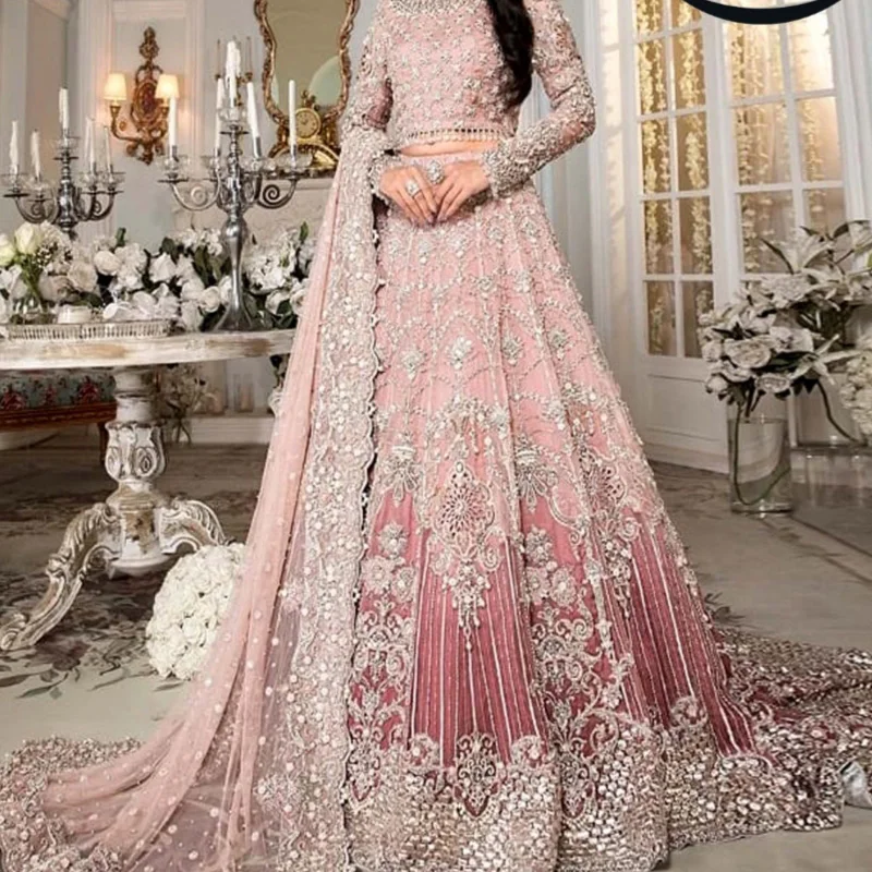 Lehnga Холи одежда для вечеринки свадебные платья короткие из сетчатой ткани тяжелая вышивка вместе с сеткой дупатта и шелковые