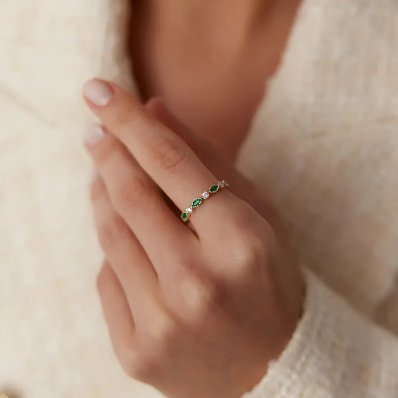 Marquise Emerald and Diamond Wedding Silver Band 925 Sterling Silver Minimalist Wedding Ring for Women