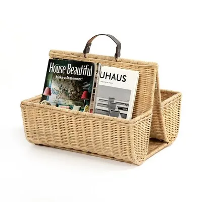 Vietnam Rustic Rattan Handmade Magazine Rack with leather handle Wicker Bamboo magazine holder Handicraft Seagrass Book Basket