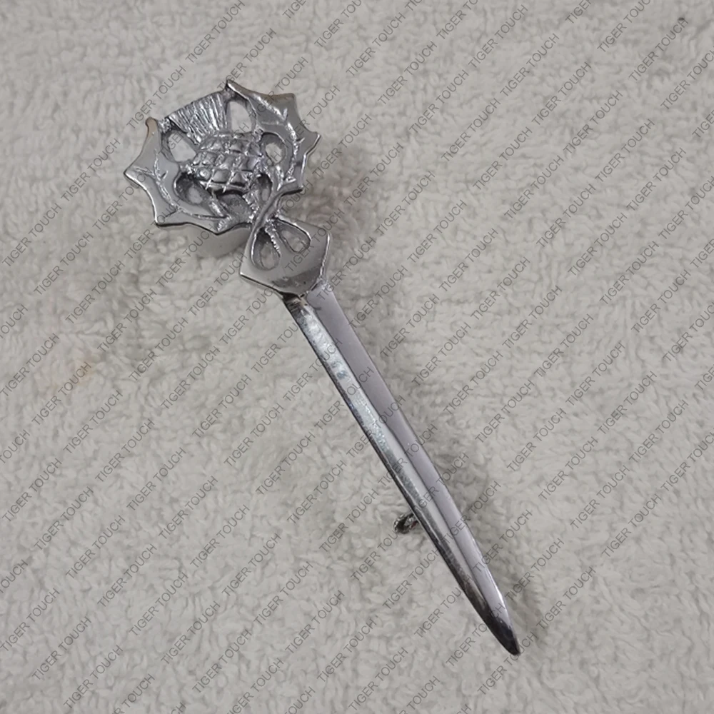 Stylish Andrew Lion Rampant Sword Design Kilt Pin Copper Buckle with Thistle Hilt and Swirl Stag Head in Knot Style