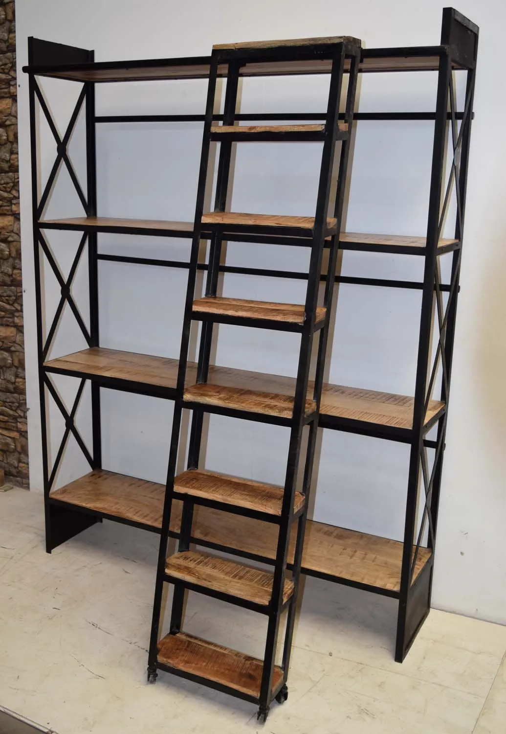 Morden design Multi-layers industrial wooden iron display bookcase bookshelf with ladder Direct from manufacturer