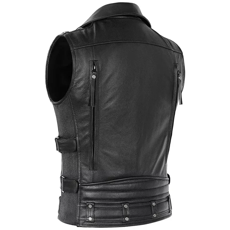Profession Vintage Heavy Real Leather Motorcycle Biker Vest Lapel Zipper Sleeveless Jacket Genuine Cowhide Leather Vests.