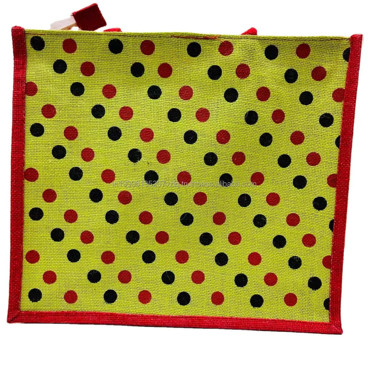 Dotted Printed Jute Shopping Bag With Zipper and Cotton Webbing Handle in Red Color