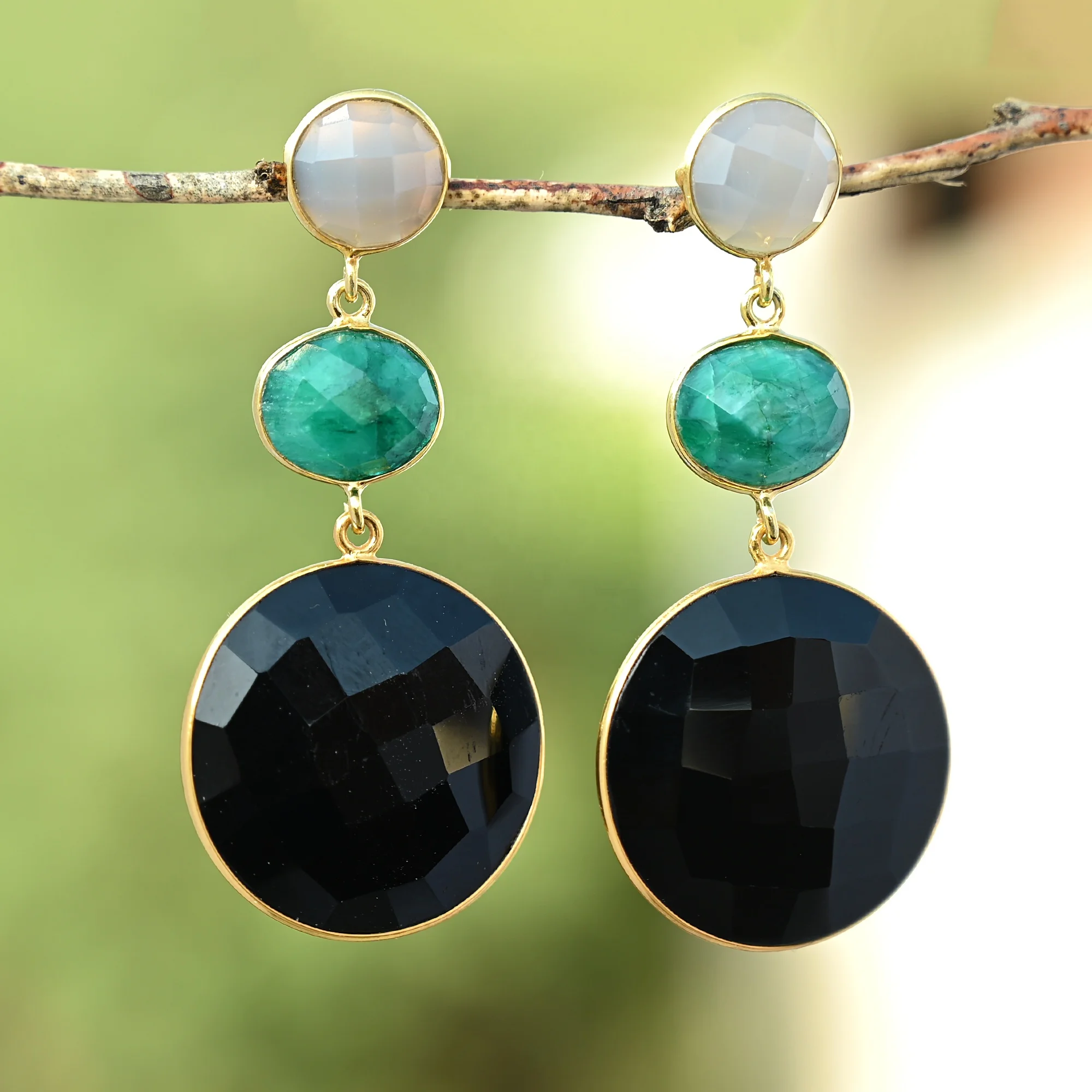 Natural Grey and Dyed Emerald and Beautiful Black Chalcedony Gemstone Long Earring Drop Earring for Women and Girls