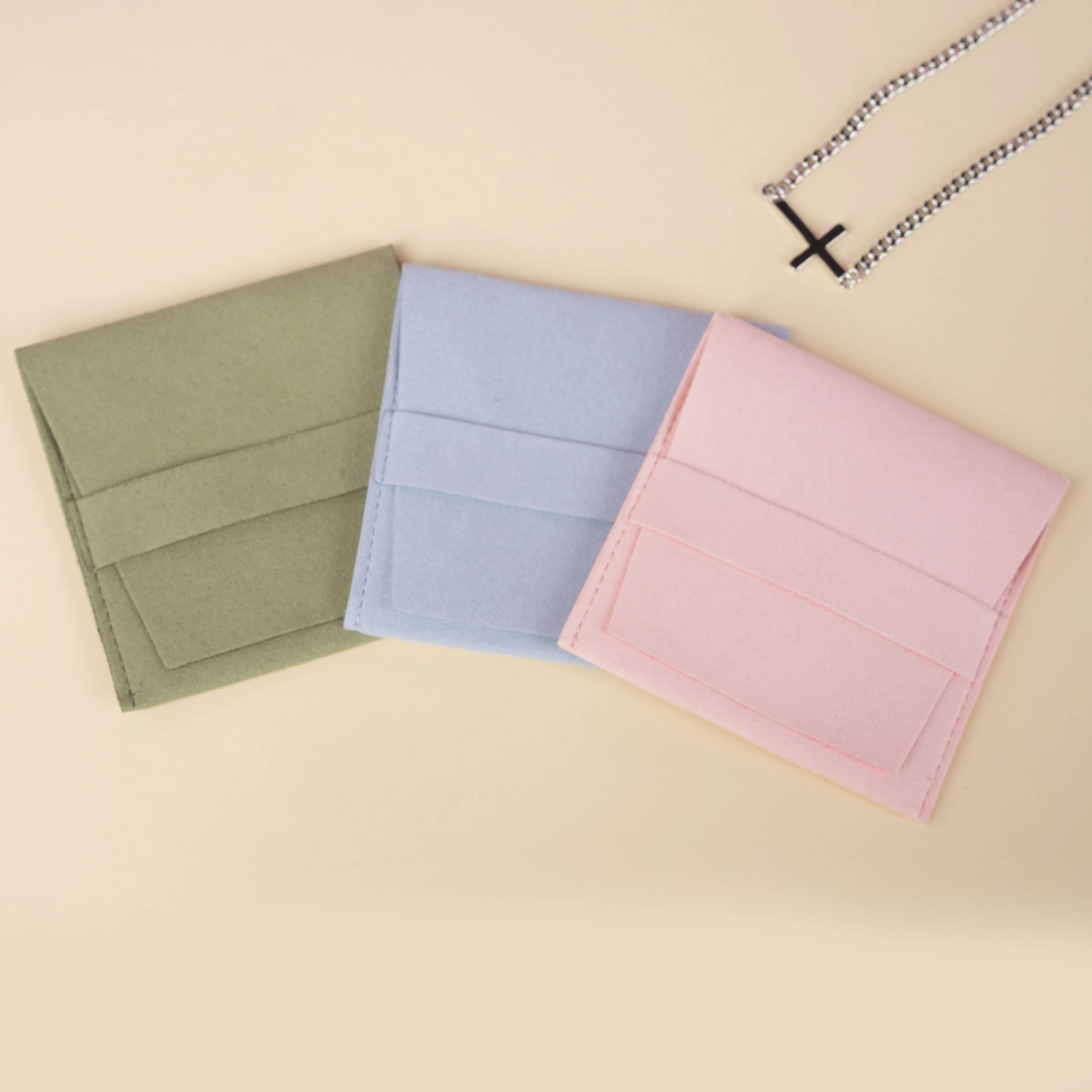 Ivory Microfiber Button Jewelry Pouch With Holder Custom Hot Stamped Suede Envelope Jewelry Pouch