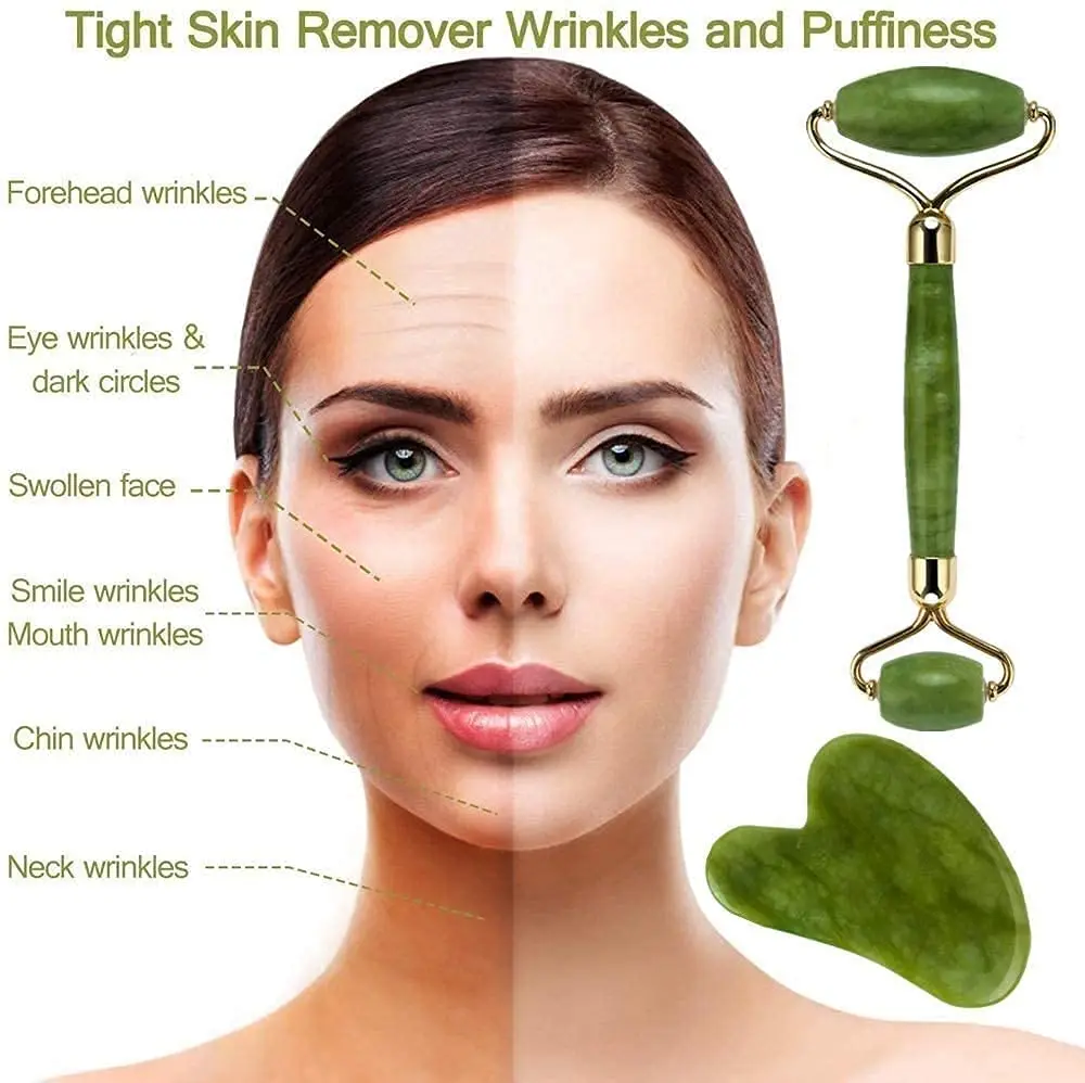 Wholesale Custom Logo Facial Massage Gua Sha Tool Green Jade Massager Roller Set