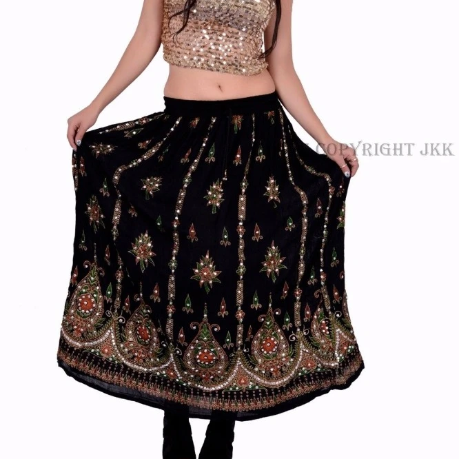 Indian handwork Rayon Skirt Boho Hippie Casual Sequin Work Long Embroidered Skirts Wrap Tribal Peasant Sequin Gypsy women wears