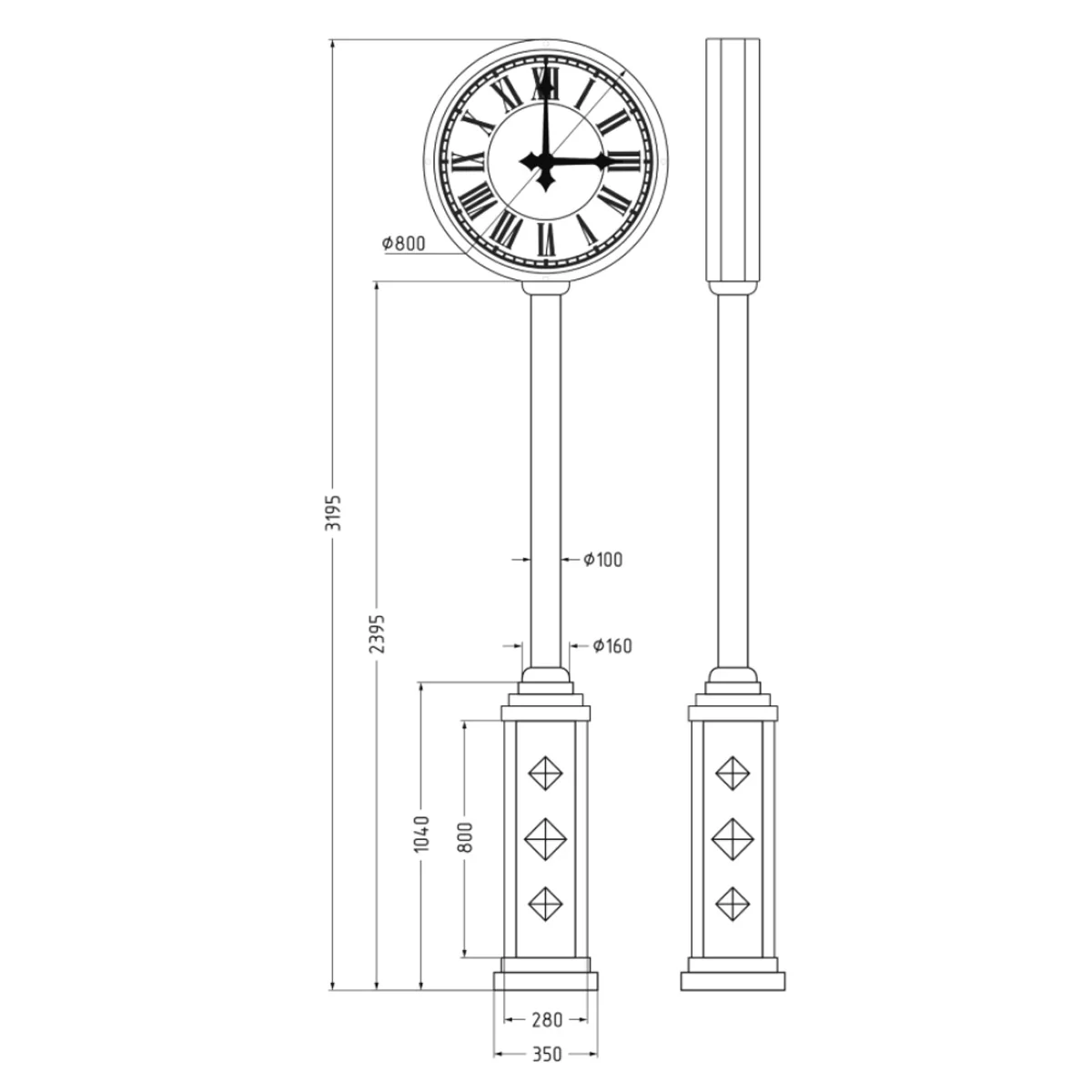 High quality Street clock D800 mm on a steel pole worldwide shipping