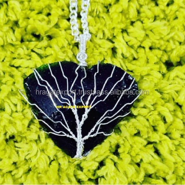 Green Gold Stone Moon Shape Tree Of Life Wire Wrapping Arrowheads Pendant Jewelry Necklace Wrap Arrowhead Pendant