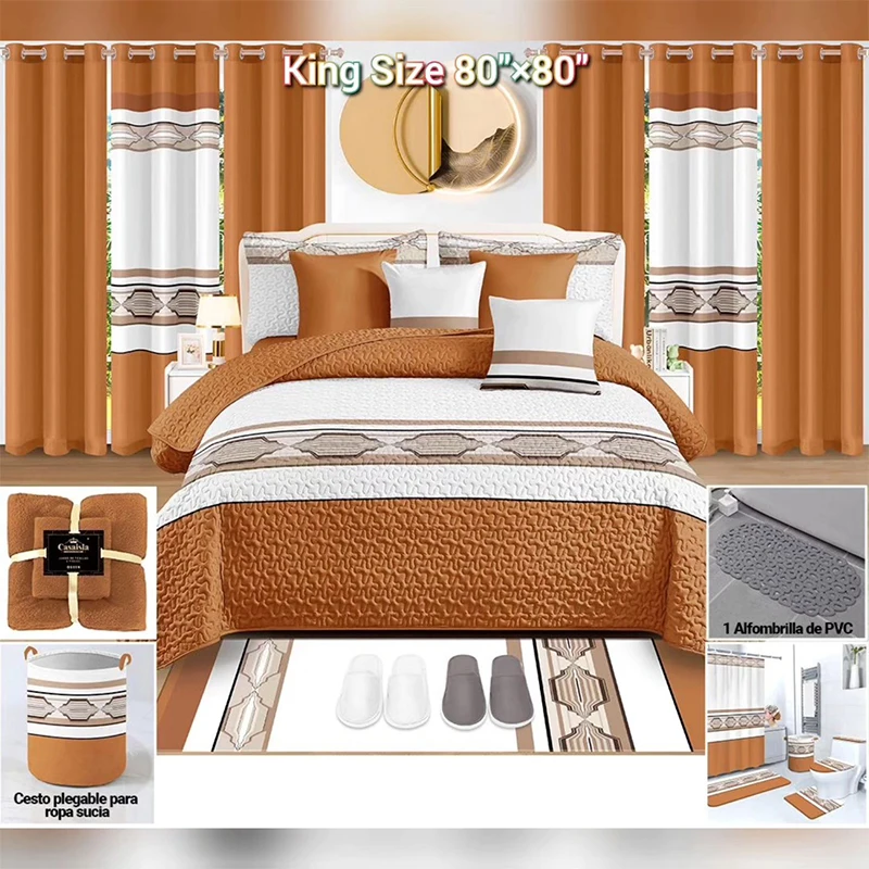 High Quality Queen Size 24 PCS Bedding Set with Matching Curtains Printed Curtain Bedding Set for Home Use