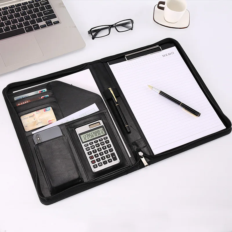 New design A4 multi-function PU leather file folder zipper portfolio customized logo folder with calculator