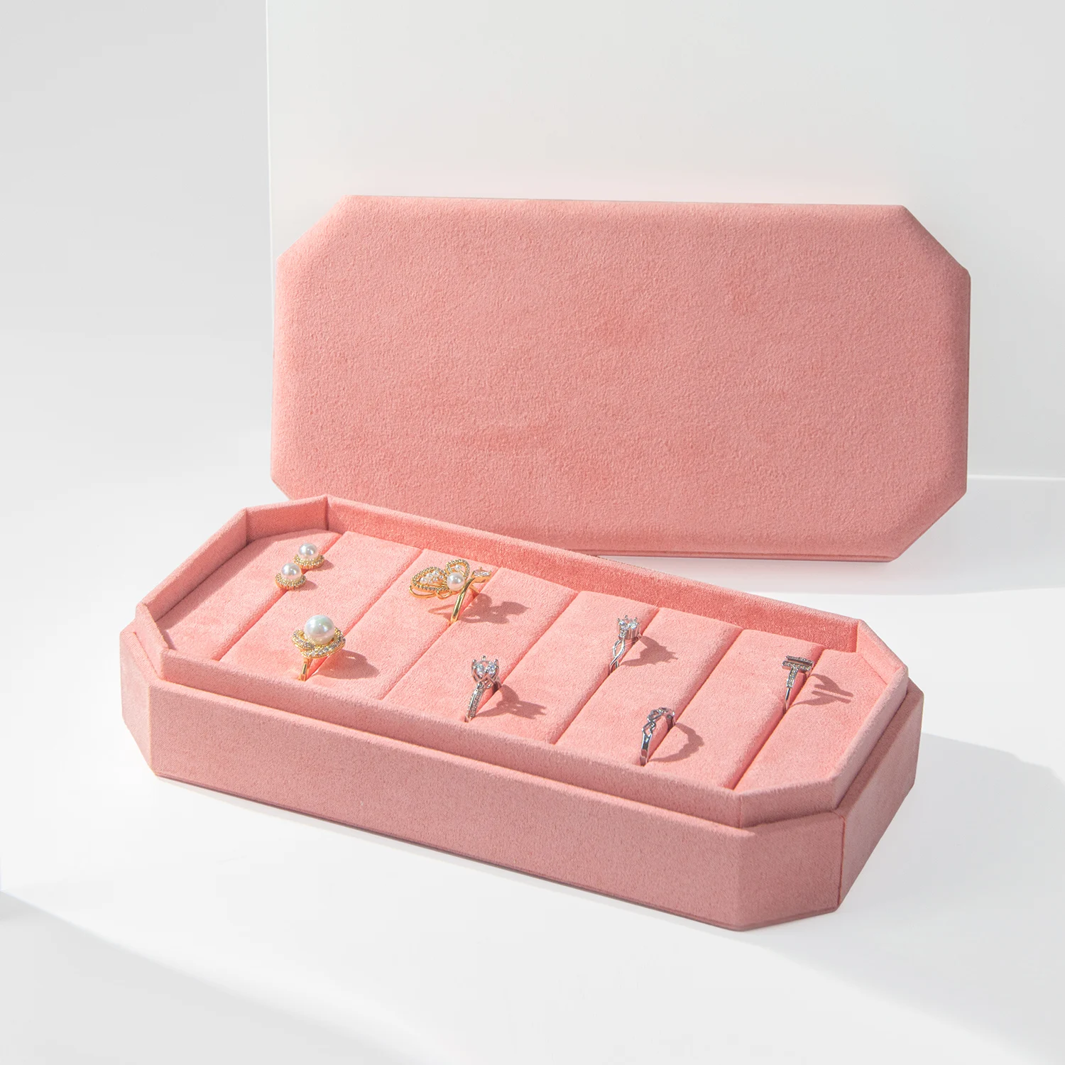 FORTE octagonal pink velvet ring storage multi-color custom logo jewelry display ring tray jewelry box with lid