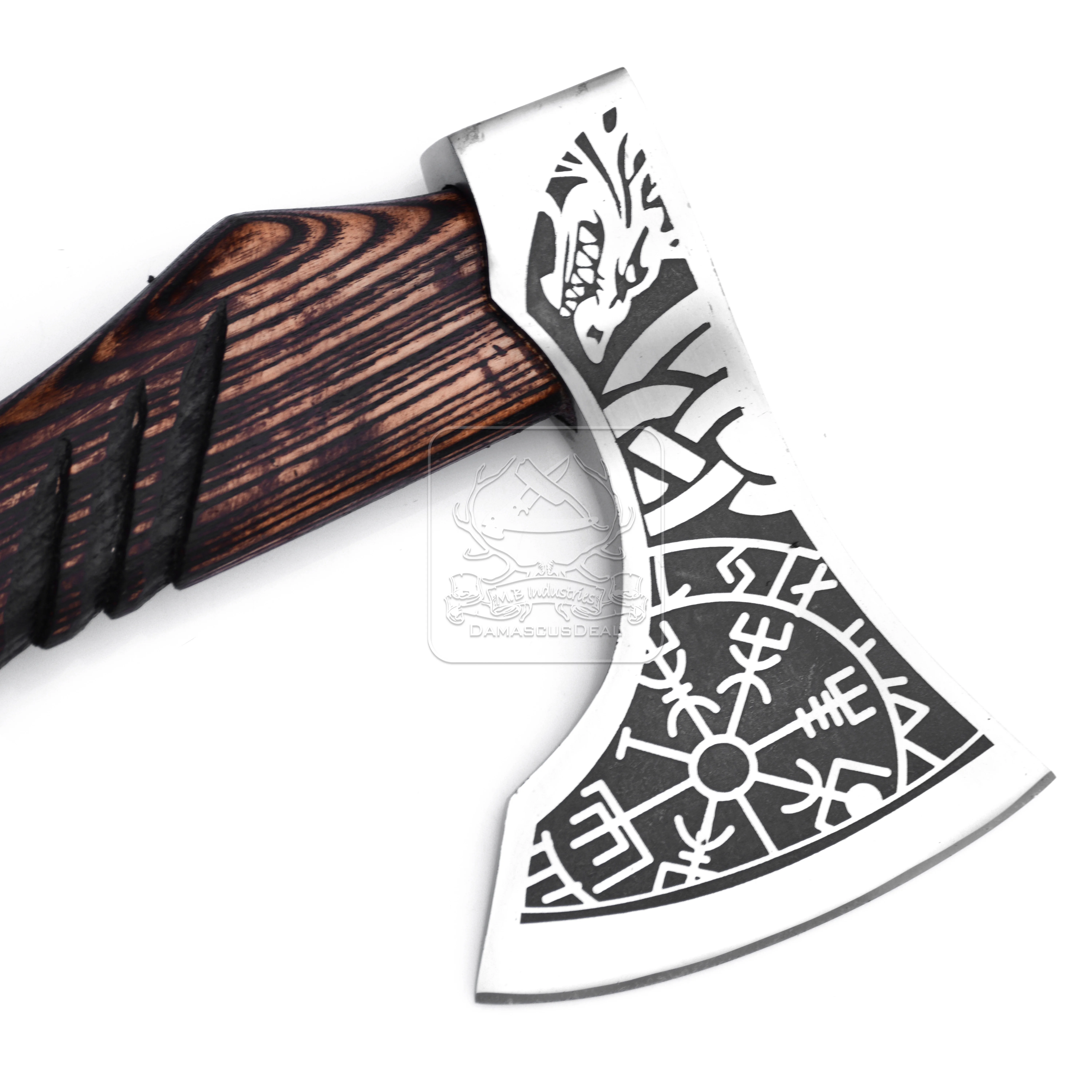 Viking Axe Tomahawk Hatchet DD-VikingAxe-139 handmade intricate etching designs on the bearded blade & engraved hardwood handle