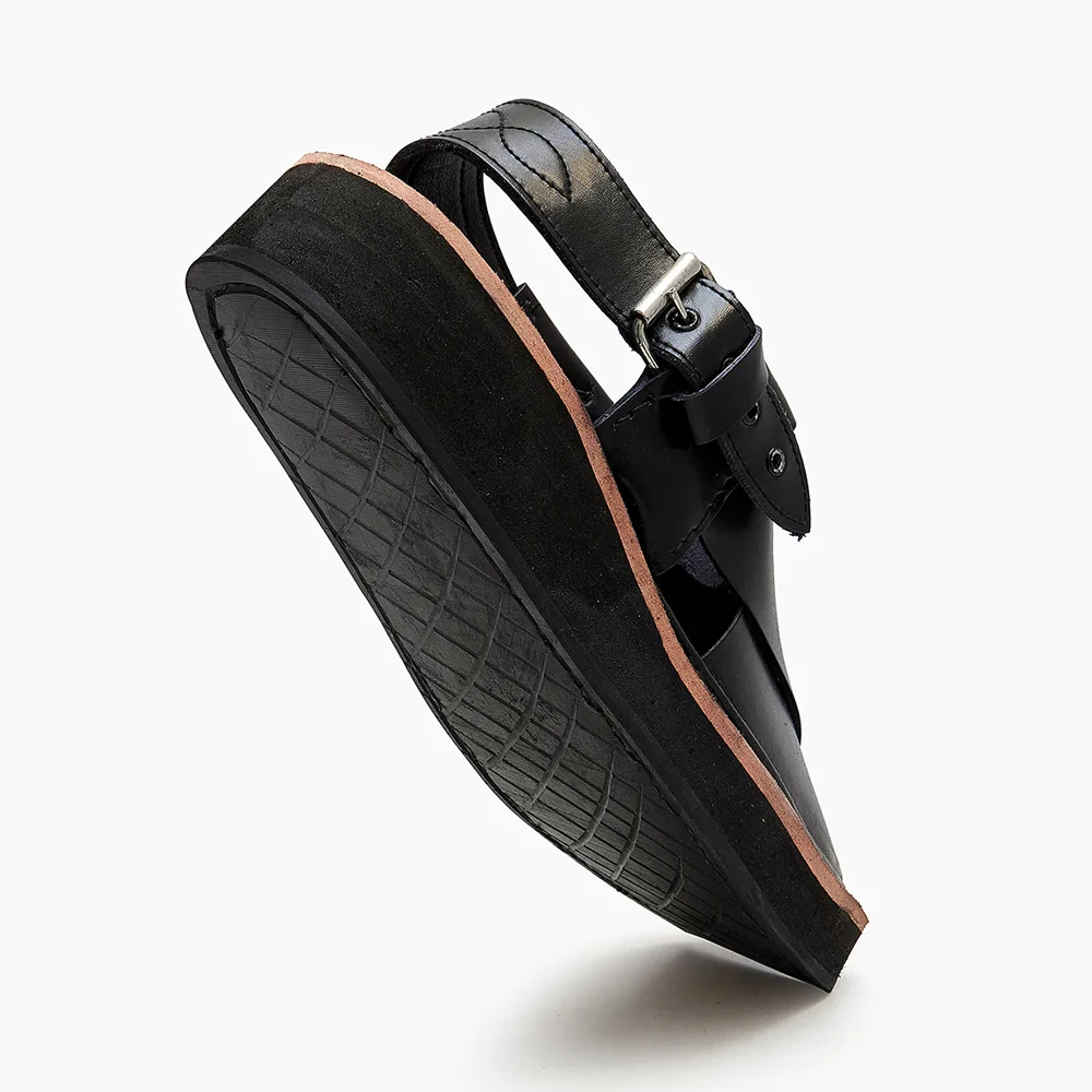 Height increasing men Peshawar sandal anti slippery pu chappal black color rubber sole buckle strap shoes Pakistani culture