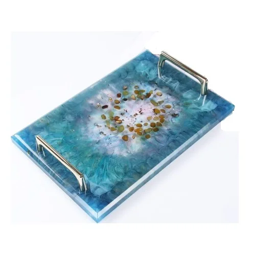 Modern design epoxy resin serving Tray stainless steel handle square shaped sky blue color serving tray