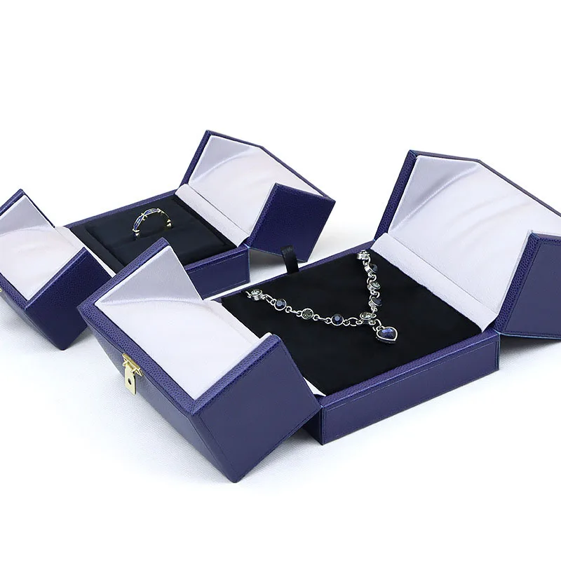 Blue Luxury Pu Faux Leather Jewellery Boxes For Wholesale Blue Grey Ring Necklace Earring Bracelet Set Jewelry Boxes