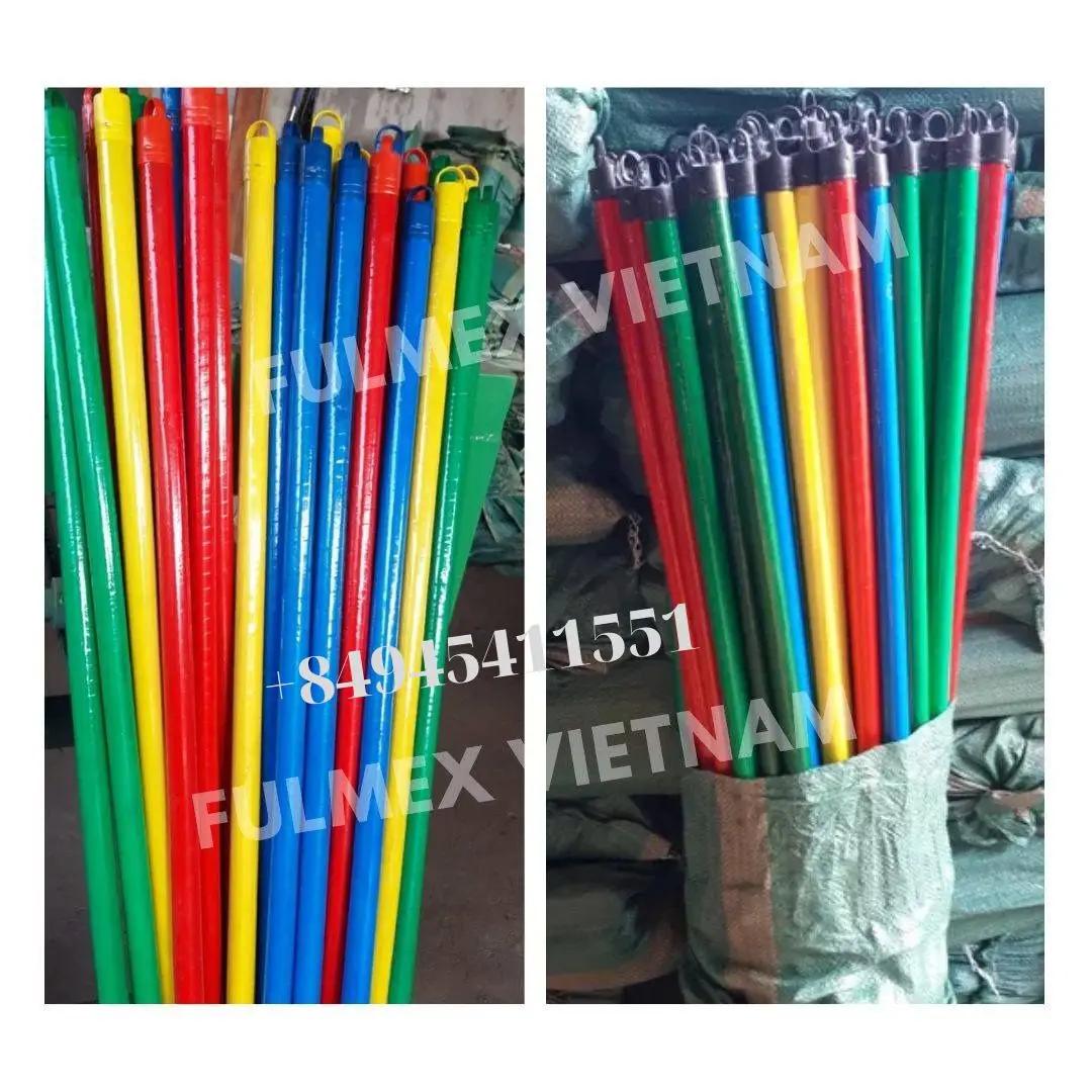 Wholesale Vietnam colorful coated wooden broom stick 120cm length colored PVC pipe, manufacturer plastic mop stick handle