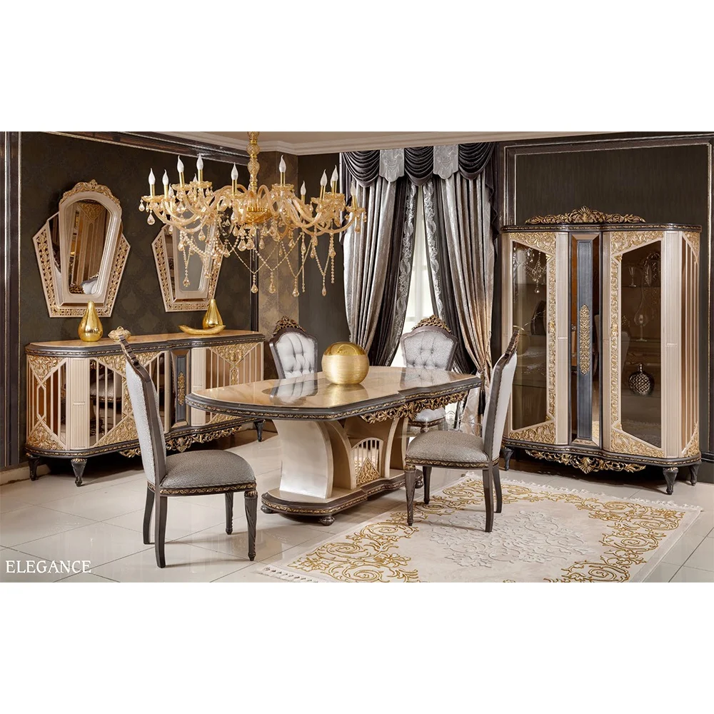 Italian Style Luxurious High End Turkish Made Living Room European Modern Furniture Set Dining Table Gold Metal Legs Chairs