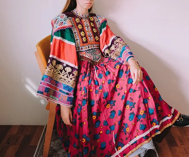 Tribal ethnic vintage kuchi dress, Afghan/Pakistani Kuchi party traditional multi color Dress by Ethereal Factory