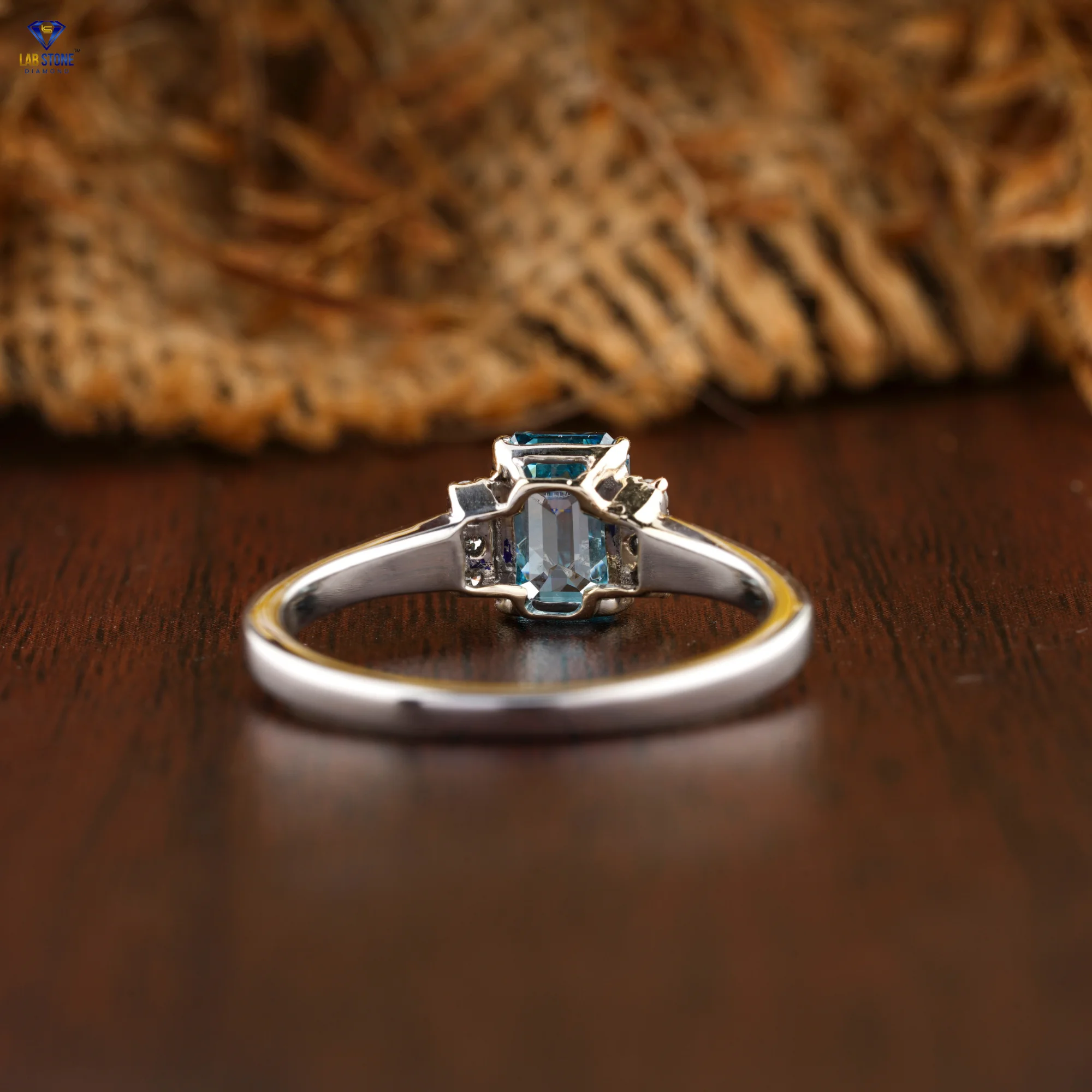 1.06 TDW Fancy Blue Emerald & Round Cut Diamond Ring  White Gold  Cluster Setting  Cvd/hpht Diamond  Lab Stone