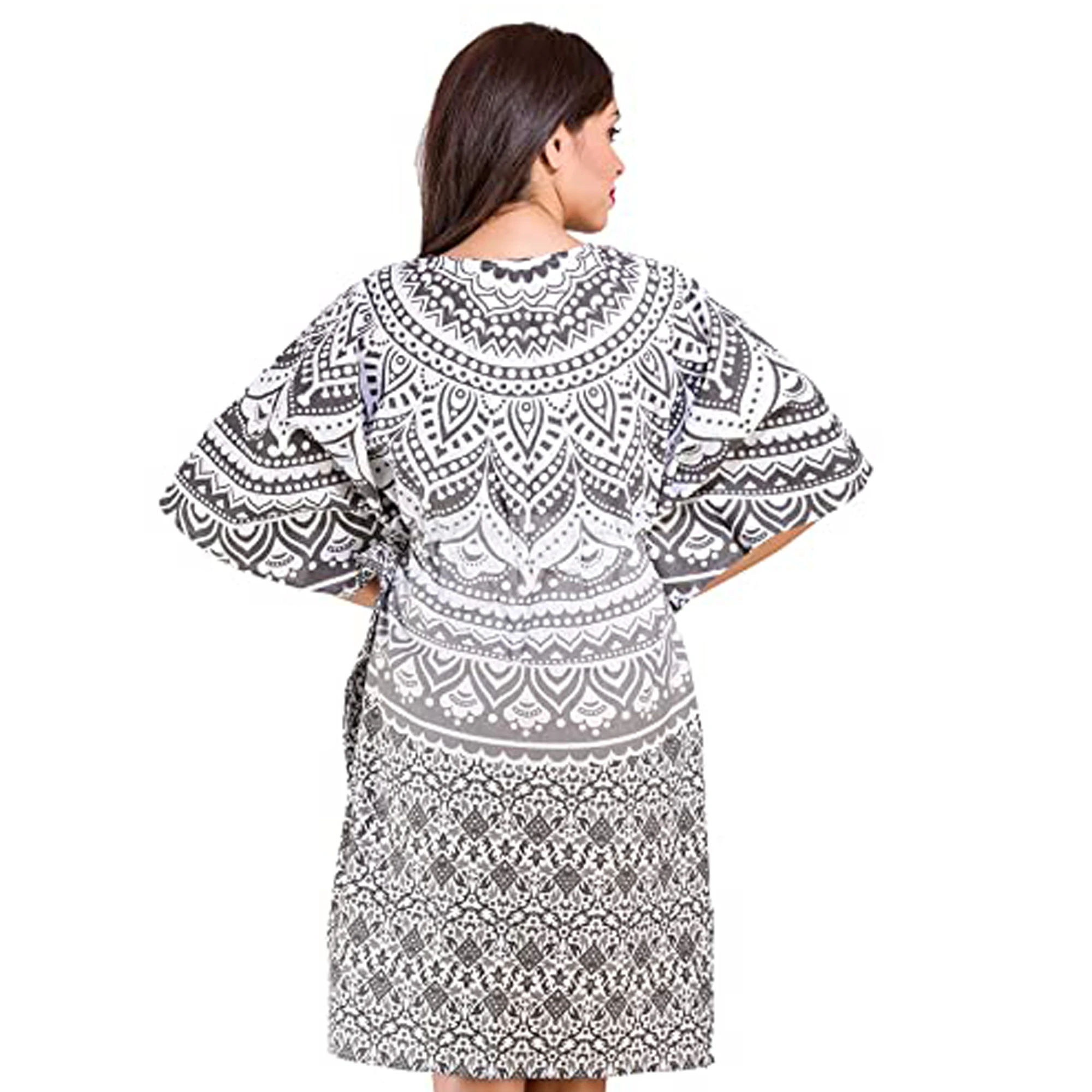 2024 Arrival wholesale price Summer Hand printed floral Short Kaftan For Women Short Sleeve Knee Length Boho Holidays Dress