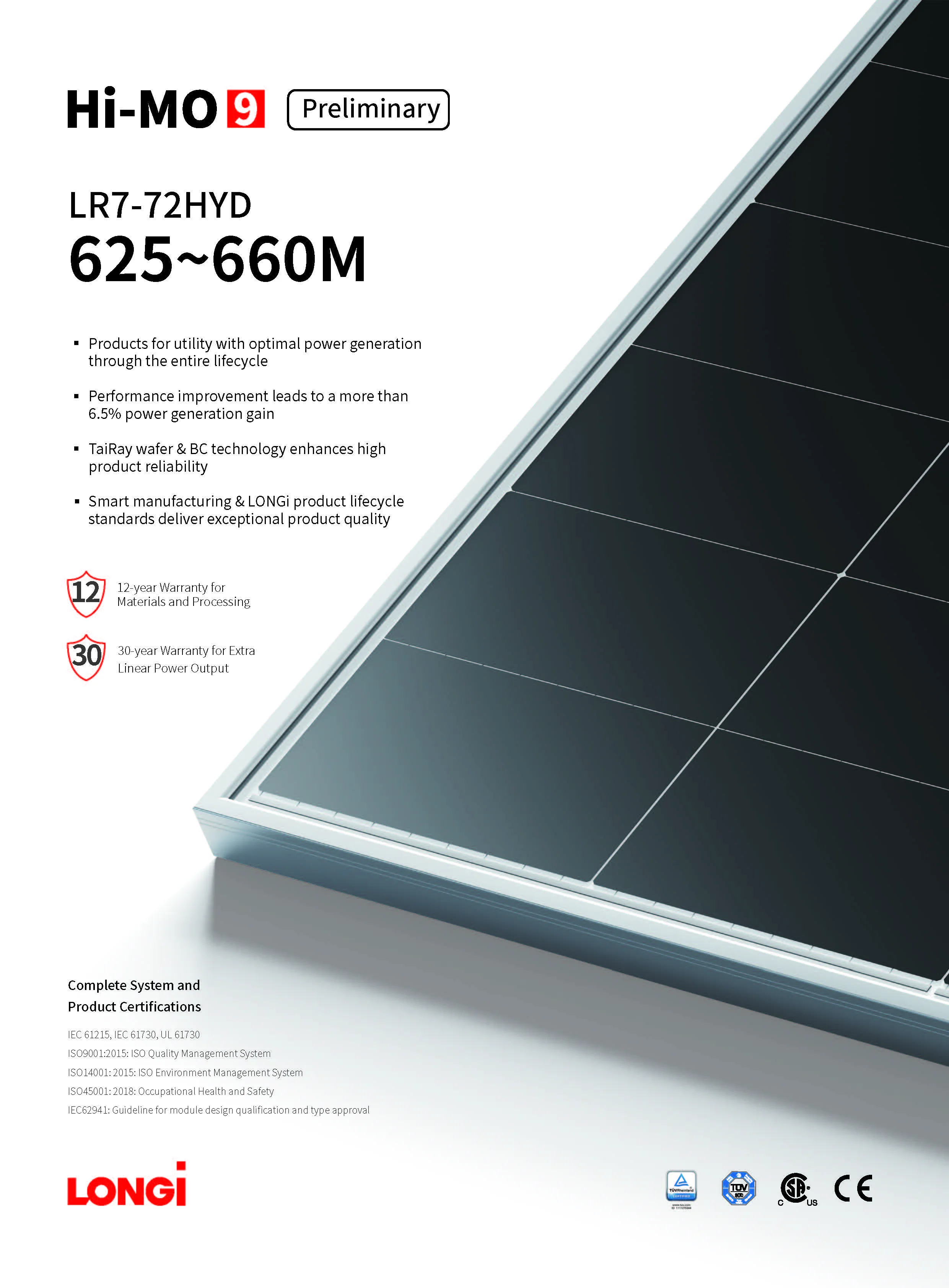 Longi Hi-Mo 9 Bifacial Solar Panel Prices Half Cells 625-660W Dual Glass Solar Panels With Tuv/Ce Certification