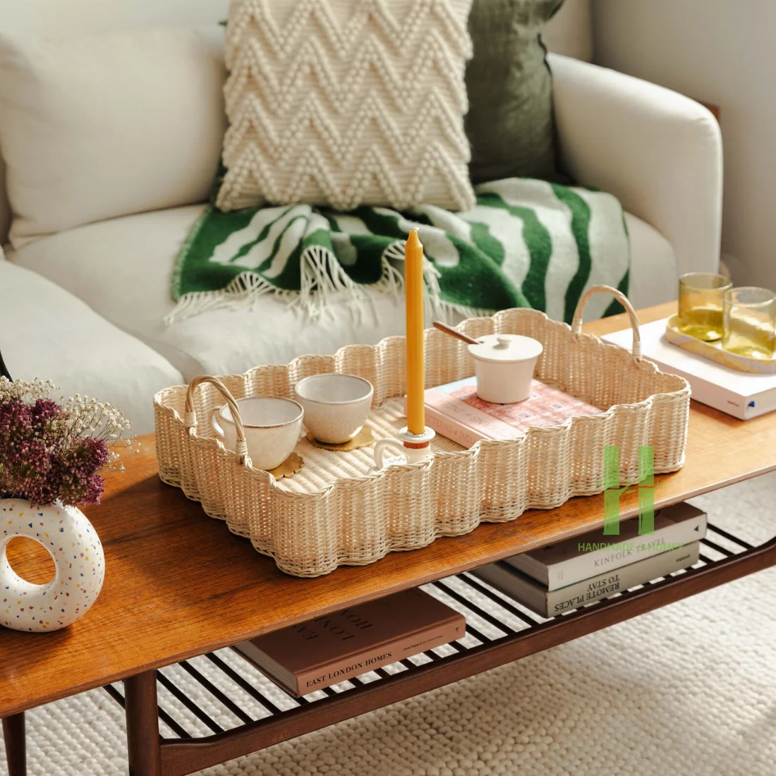 HNH Craft Customized Round Rattan Tray with Stand Natural Wicker Tray for Food Display Rattan Side Table for Living Room Bedroom