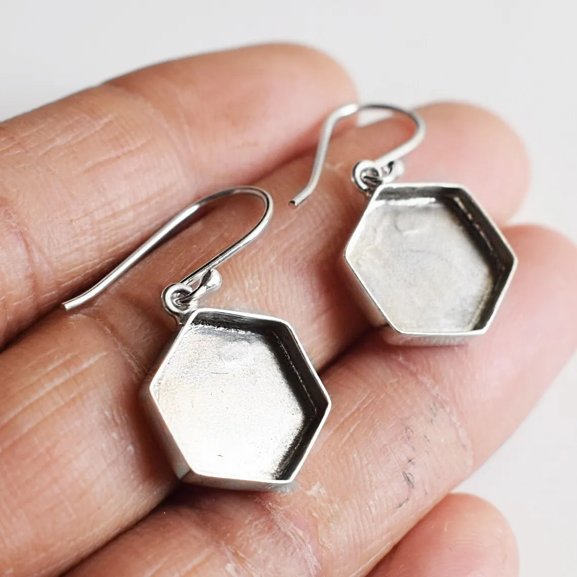Blank Setting Pair Of Earring Collet 3x3 To 30x30 MM Hexagon Shape Gemstone Bezel Cup Blank 925 Sterling Silver Earring Collet