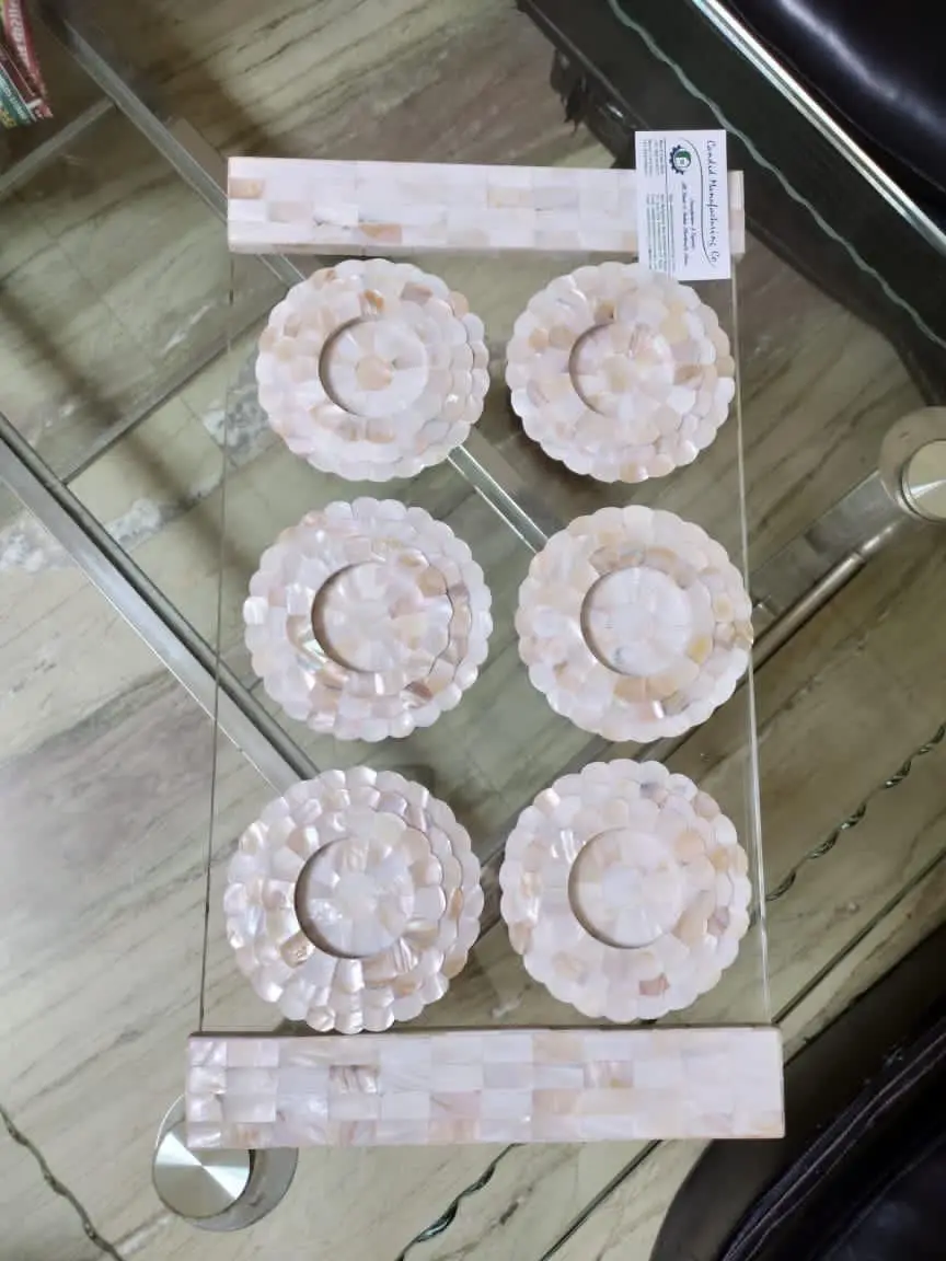 Ready to ship New Design Mother Of Pearl Tea Coffee Platter Coasters Arabic Cups Round Serving Plates Ramadan Gifts