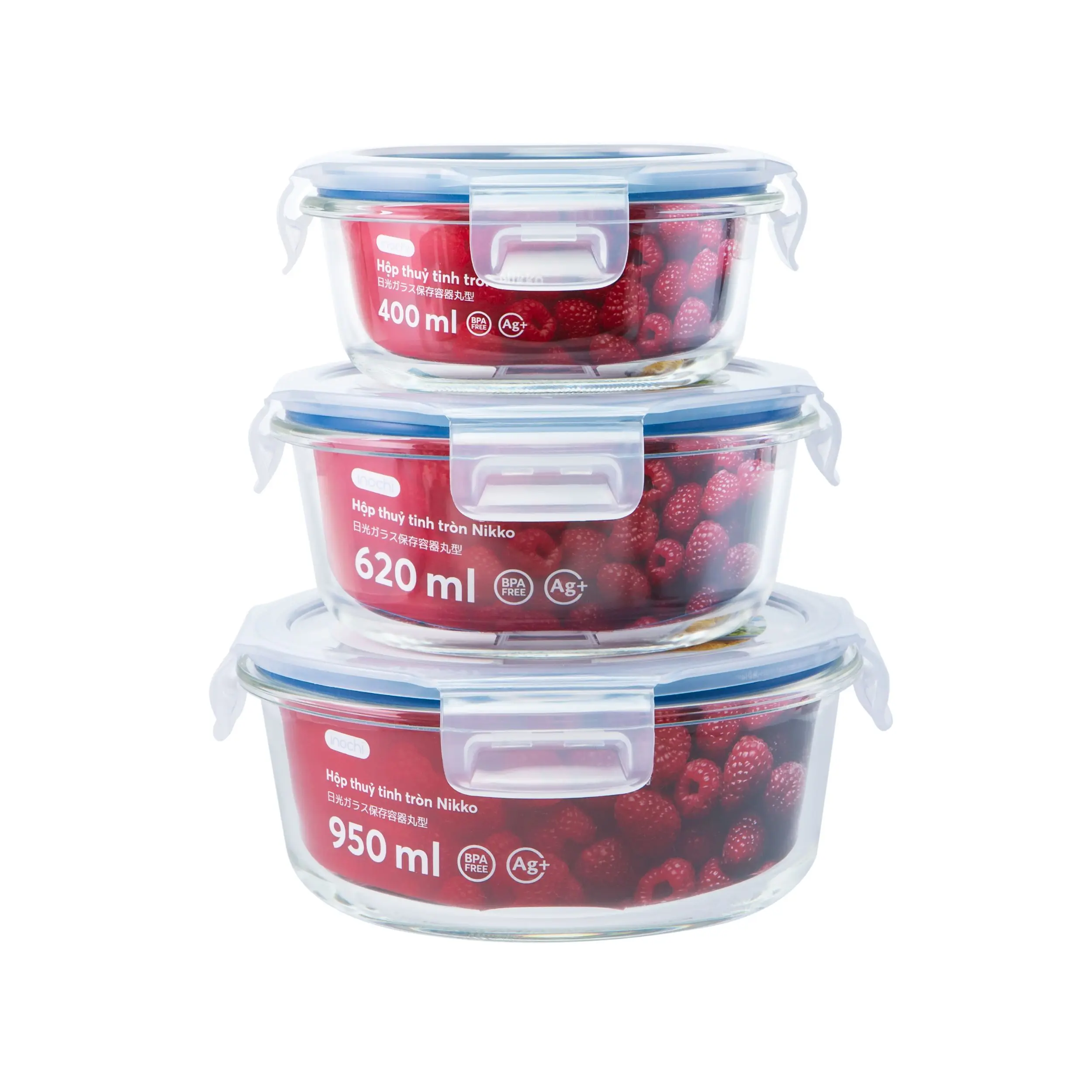 Top quality Nikko round glass storage container 400ml 620ml 950ml air tight durable transparent