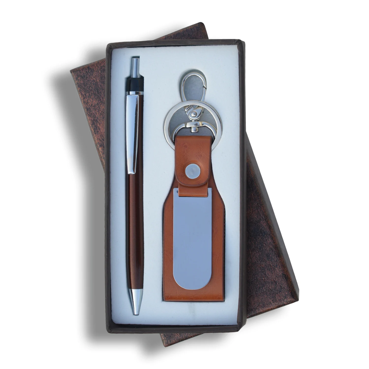 Genuine Leather Gift Combo Leather Keychain with Metal Ballpoint Pen Promotional Keychains Business Gifts