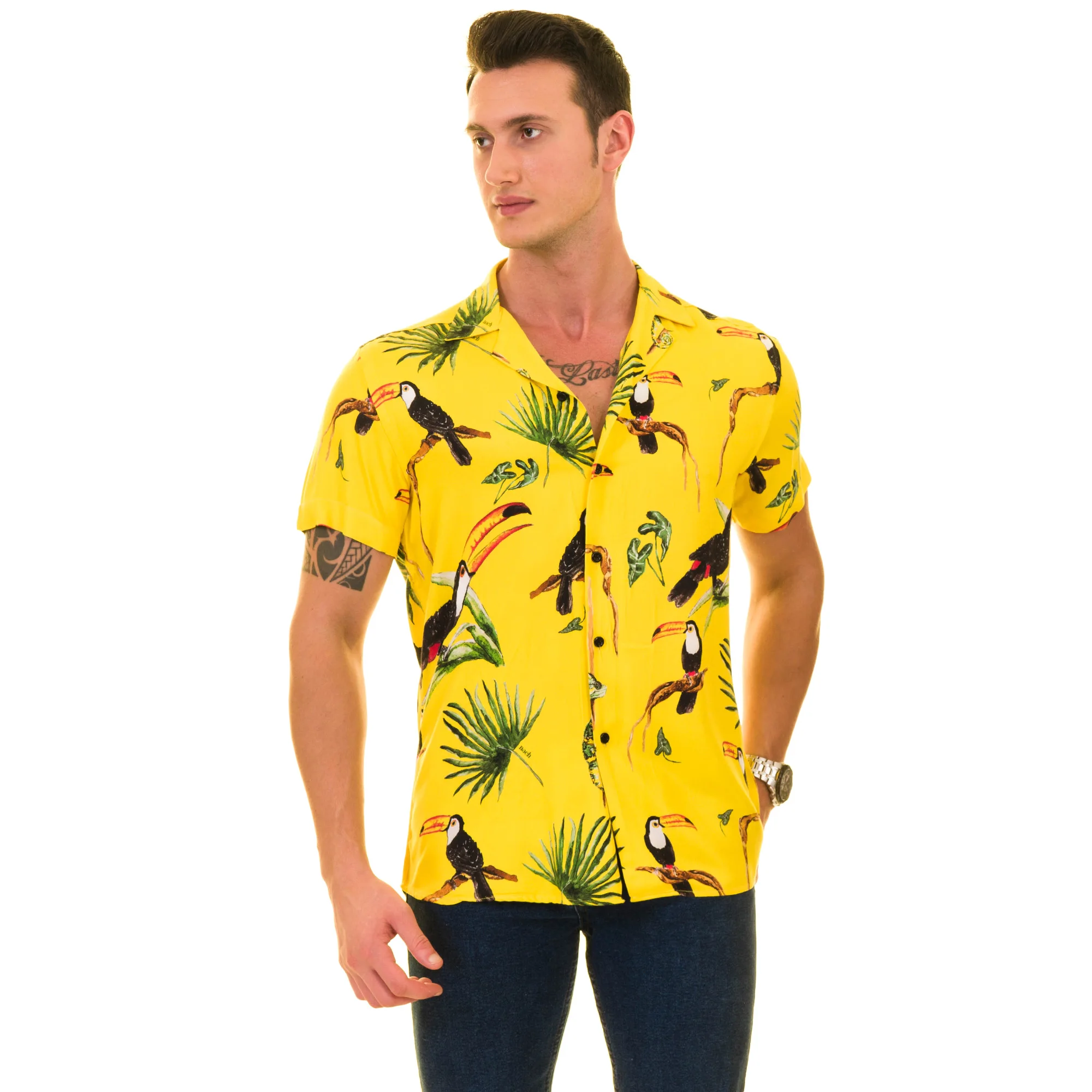 Animal Printed Tropical Top Casual Print Beach Summer Palm Tree Mens Shirt, Short Sleeve Hawaiian Vacation Shirt Men