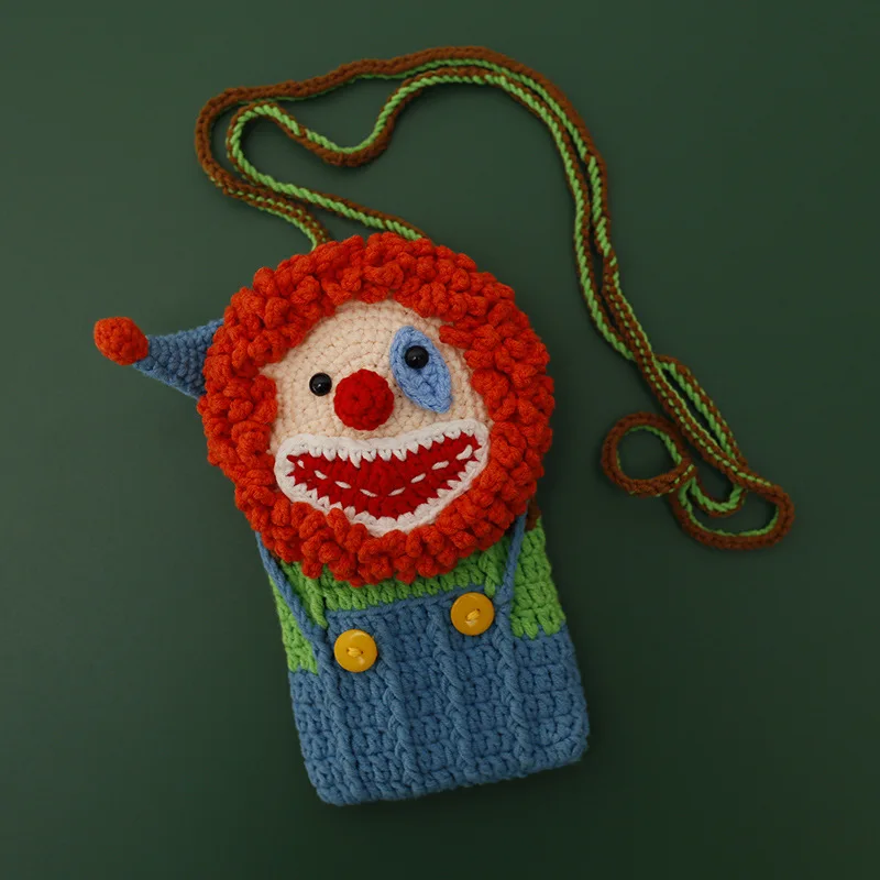 Crochet Clown Phone Case Shoulder Bag Crochet Woven Handbag Hand Knitted Animal Phone Holder Bag Purse Handbag for Sale