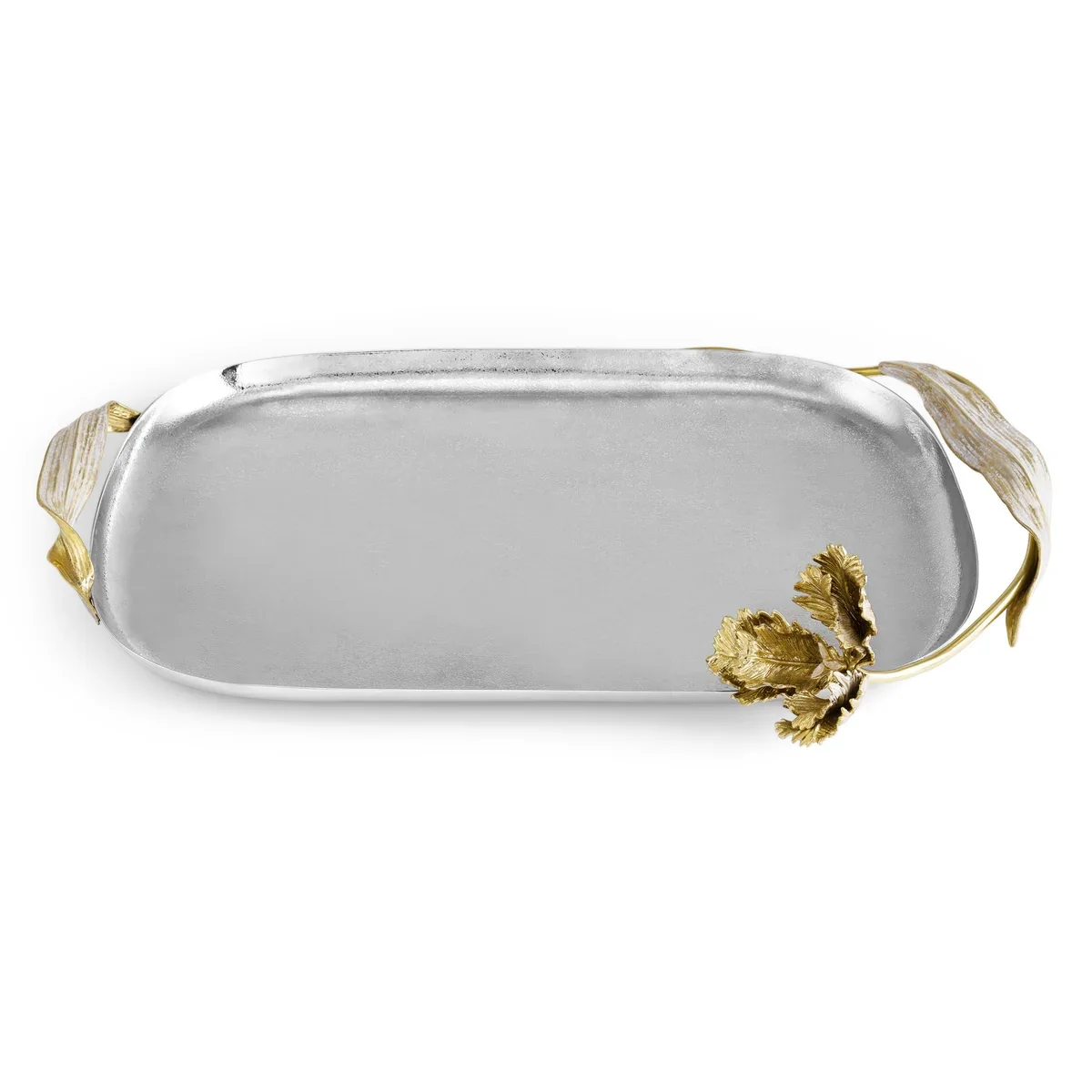 Premium Quality Stainless Steel Rectangular Tulip Large Tray with Floral Designed Attractive Handle Available for Sale