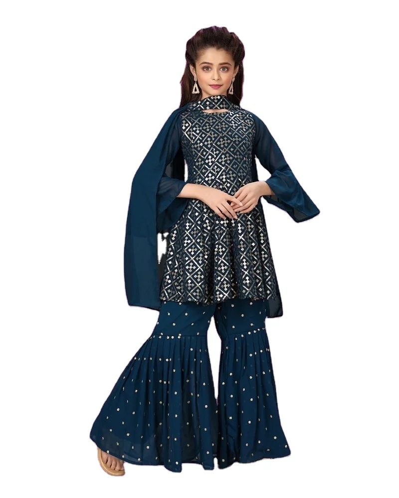 Embroidered Party Wear Georgette Kids Sharara Suit Set Girls