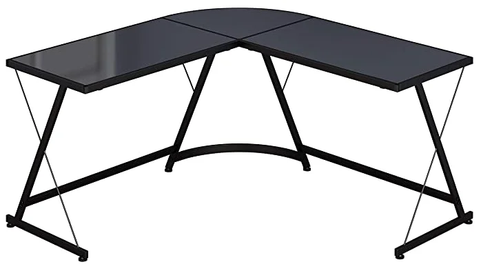 L shaped big size office home black color wood surface carbon fiber board metal feet gaming desk with Monitor stand