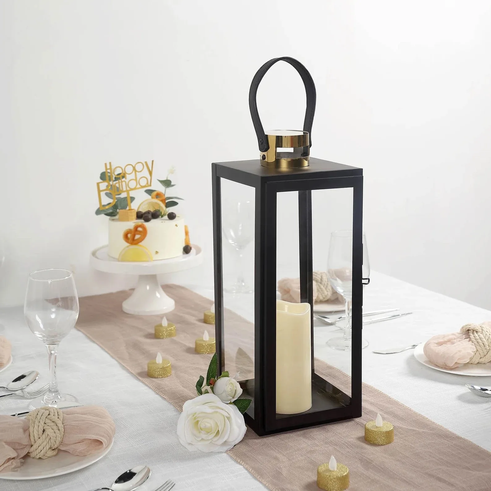 Modern Black Metal Lantern Candle Holder Lantern- Hanging or Tabletop (Set of 3)