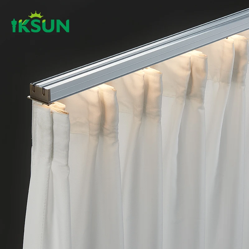 IKSUN Heavy Duty Curtain Rail Smart Home Aluminium Alloy White Curtain Rod Track Remote Control LED Light Curtain Track