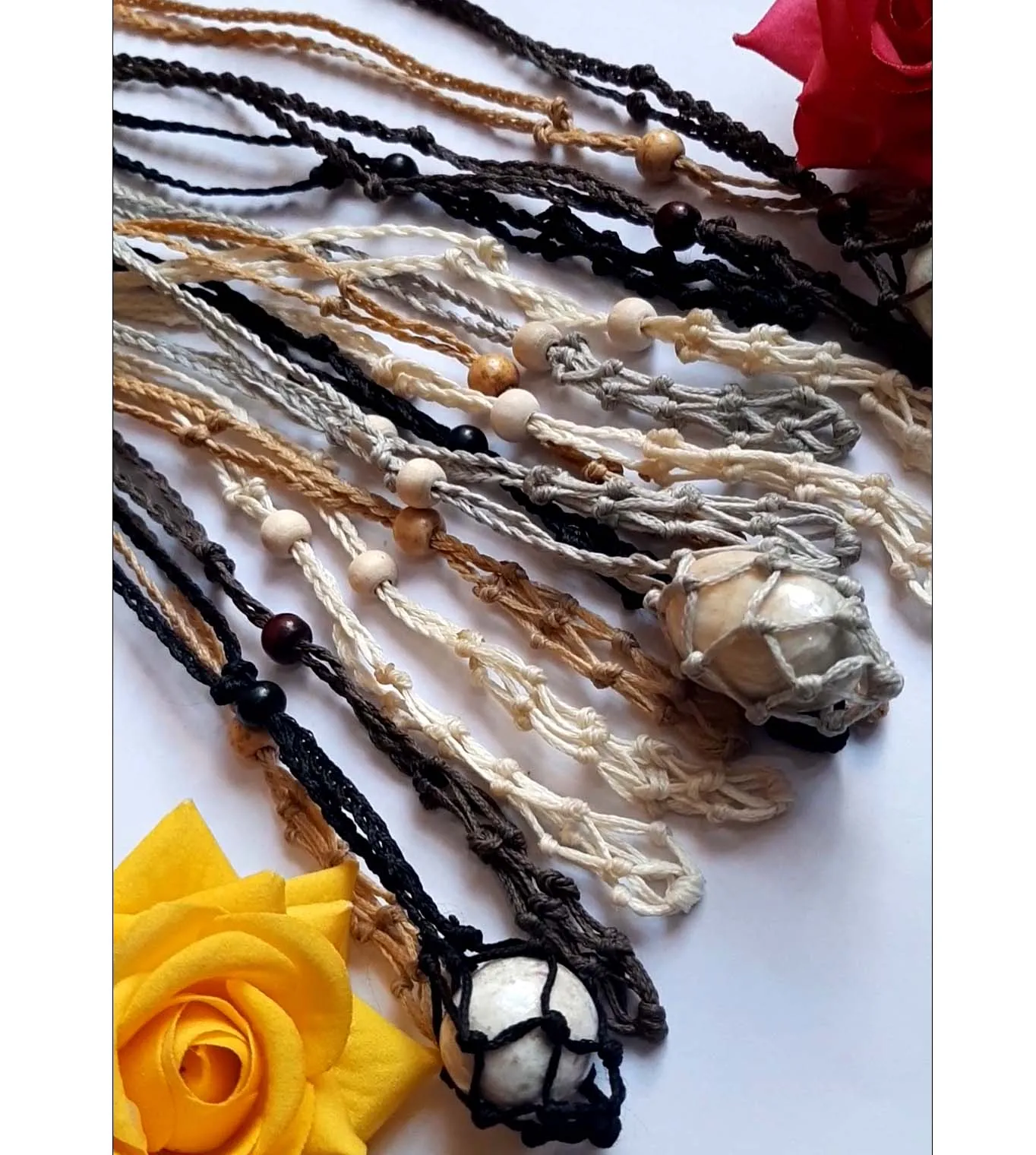 Best Lace Agate Macrame Necklace Big Roundell Gems Macrame Necklace White Thread Net Bag Necklace Bohe Rop Jewelry For Gift