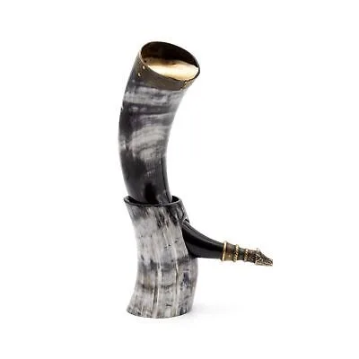 Attractive Polished Buffalo Horn Drinking Horn with Mother of Pearl Flower Design Animal Style Stand and Decorative Flower Pot