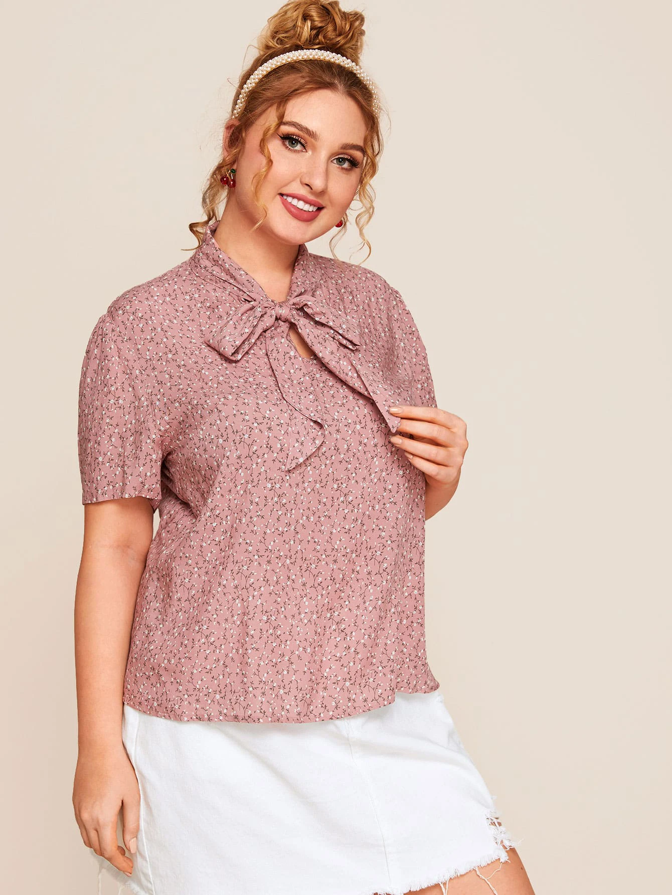 Fashion Womens Summer Elegant Pink Floral Blouse Women Tops Plus Size Blouses With Bows