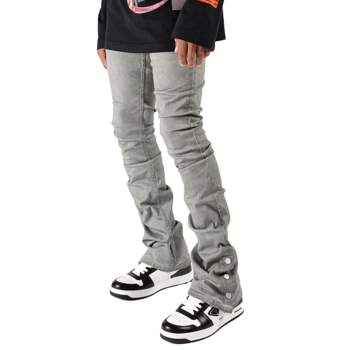 Custom Denim Luxury Flare Snap Button Branded Jeans Men Style Flared Pants Distressed Skinny Stacked Jeans