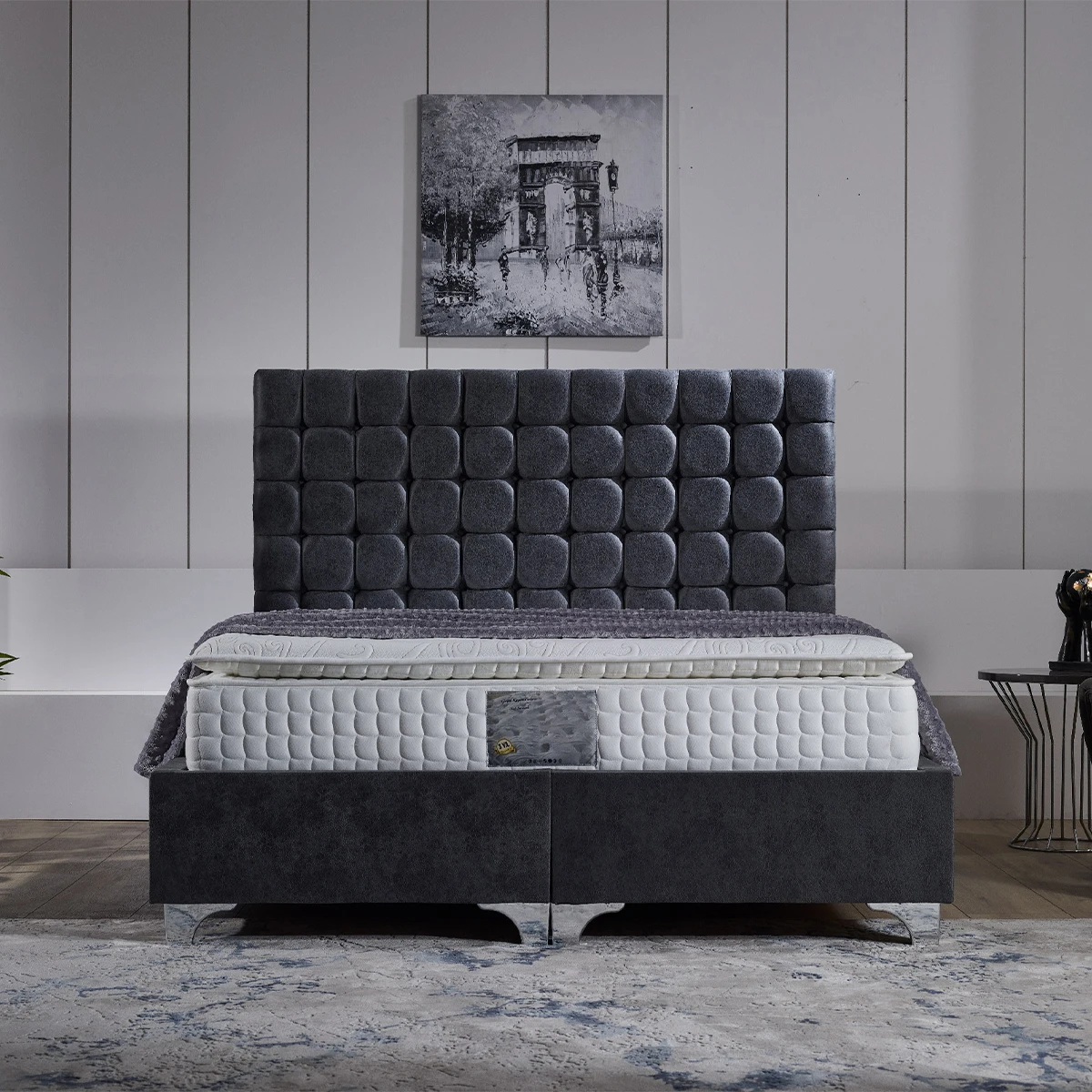 European Style Wooden Furniture Set Turkish Ottoman Storage Boxspring Pocket Spring Mattress Bed Base Side Table Wardrobe