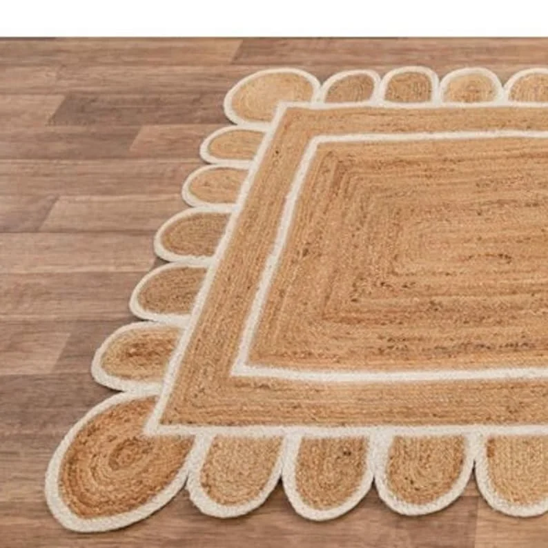 Handmade Natural jute Rug Scallop Handmade Braided Jute Area Rug Custom Jute Rug, Kilim Natural Floral hemp. Hotel, Home decor