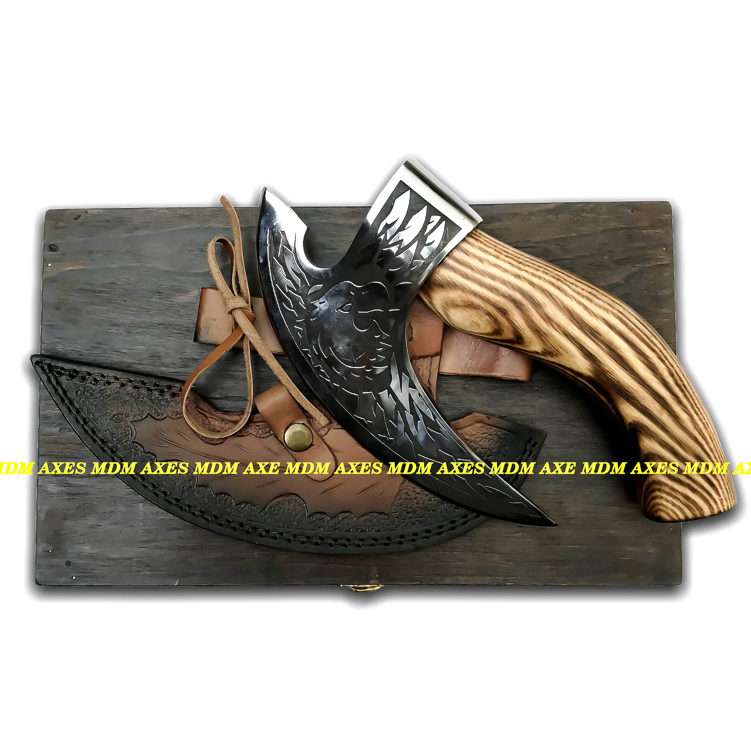 Custom Handmade Carbon Steel Viking Hatchet Tomahawk Beautiful Wooden Box Beautiful Damascus DIY Hunting Pizza Cutter Included