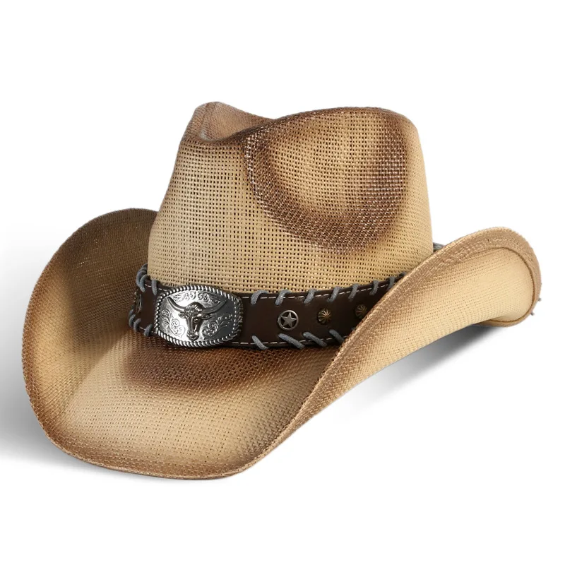 Unisex Retro Western Cowboy Hat with Large Brim Outdoor Sun Protection Straw Hat Fishing Sports Travel Horse Riding Sunbathing