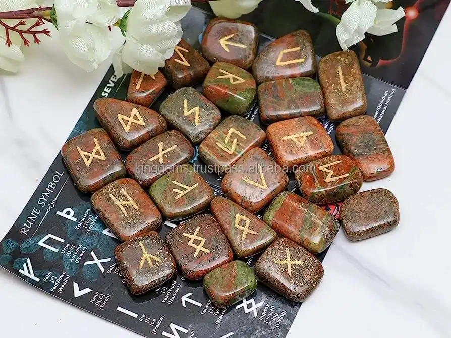 BEST HEALING STONE CRYSTAL UNAKITE RUNE SETS HEALING CRYSTALS 25 PIECES ENGRAVED TUMBLE RUNE UNAKITE STONES HEALING  RUNE SET